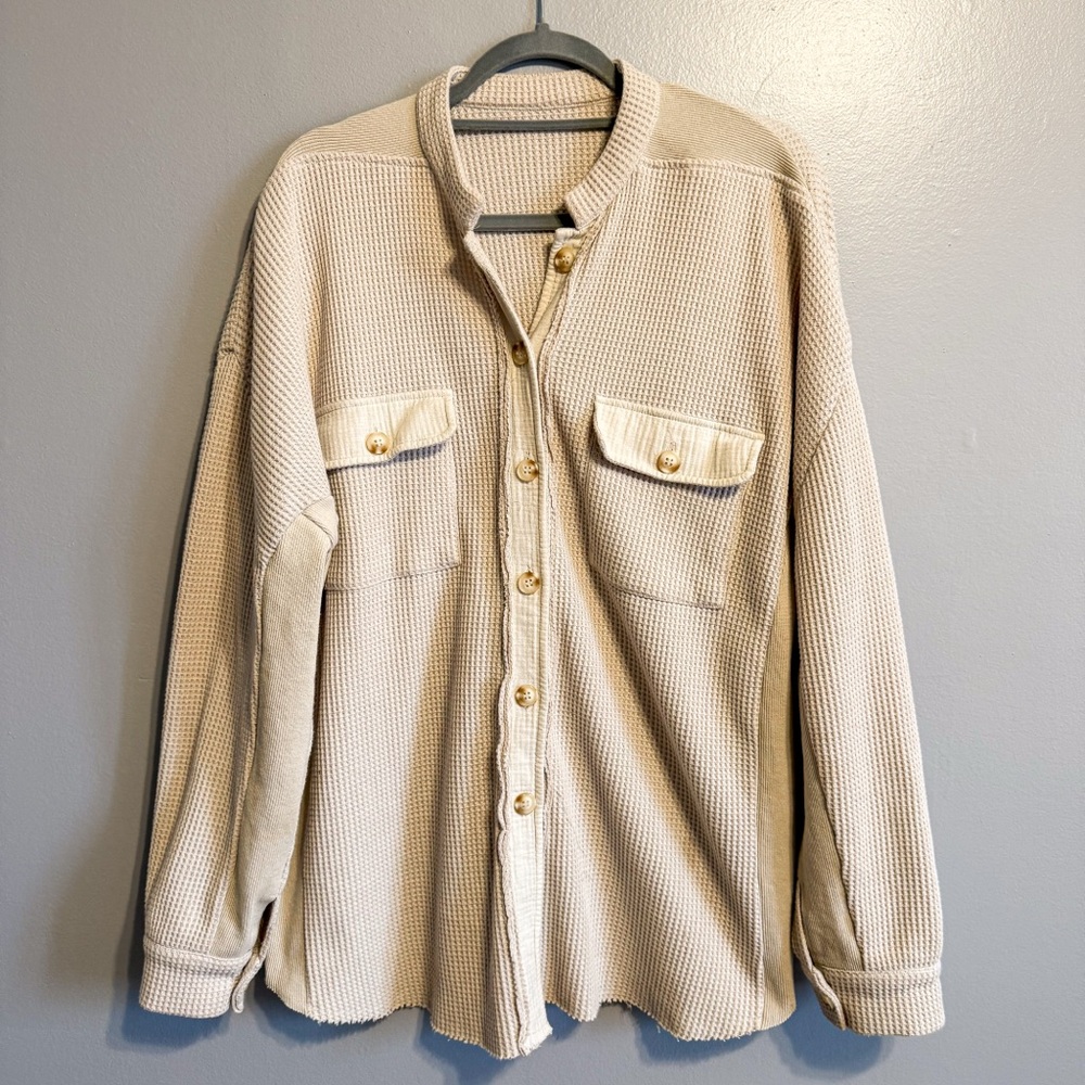 Beige Waffle Knit Button Down Shacket Utility Jac… - image 1